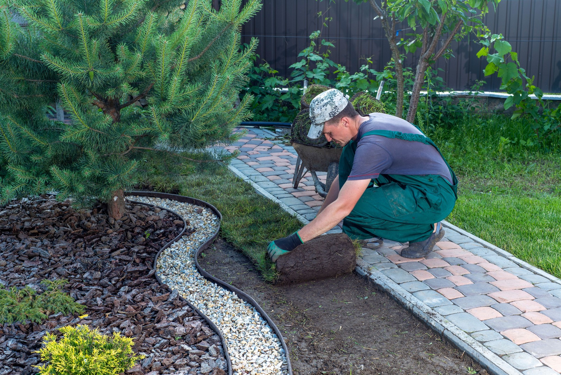 Landscape Gardener Laying Turf For New Lawn